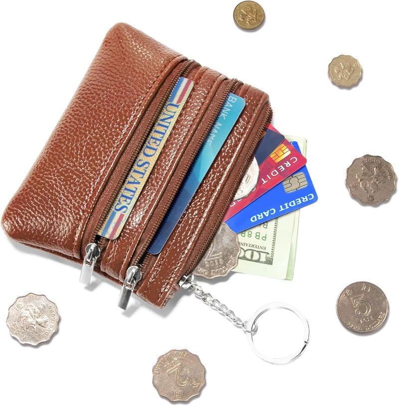 Chelmon 2 Pack Coin Purse Pouch Change Card Holder Wallet with Keychain for Women and Men (Brown & Brown) - Image 2